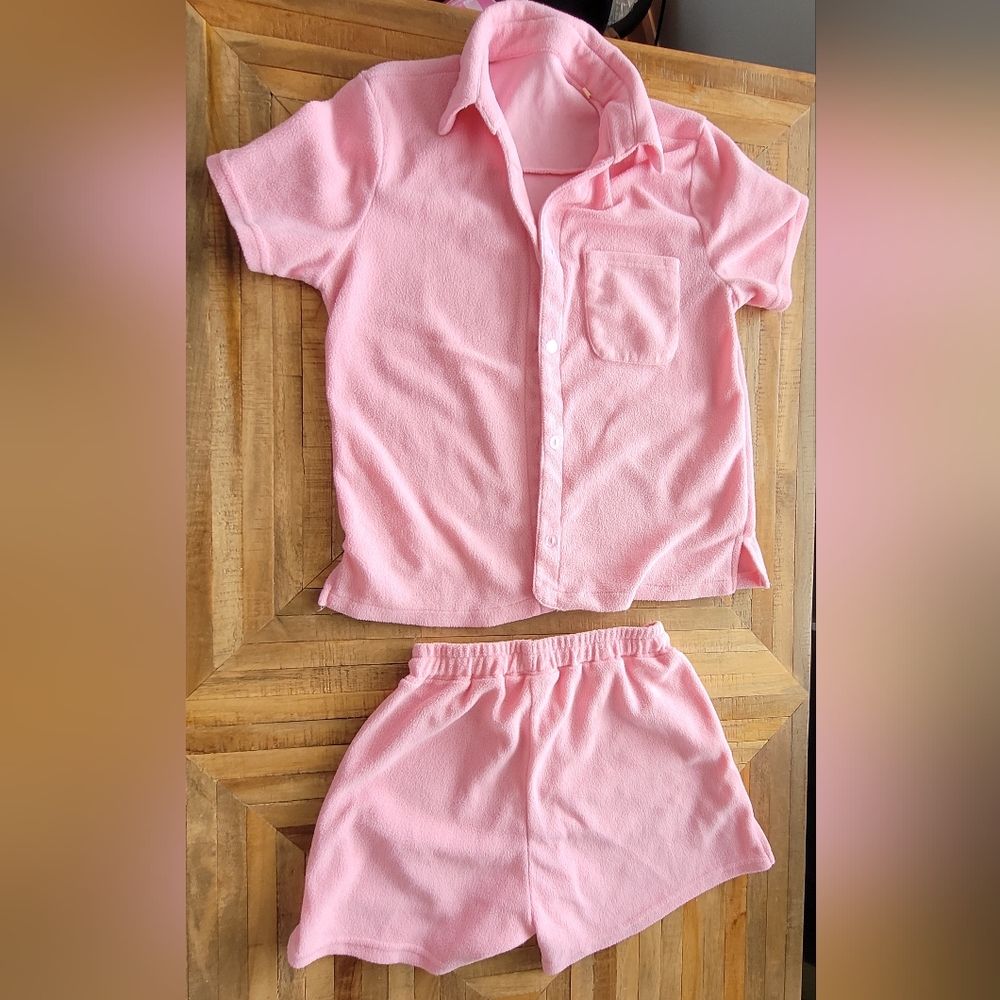 Fleece Shorts & Button Up Top Set size small